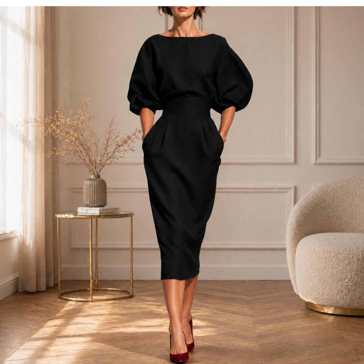 Elegant Puff Sleeve Fitted Midi Dress – Chic Minimal Cocktail & Occasion Wear for Women