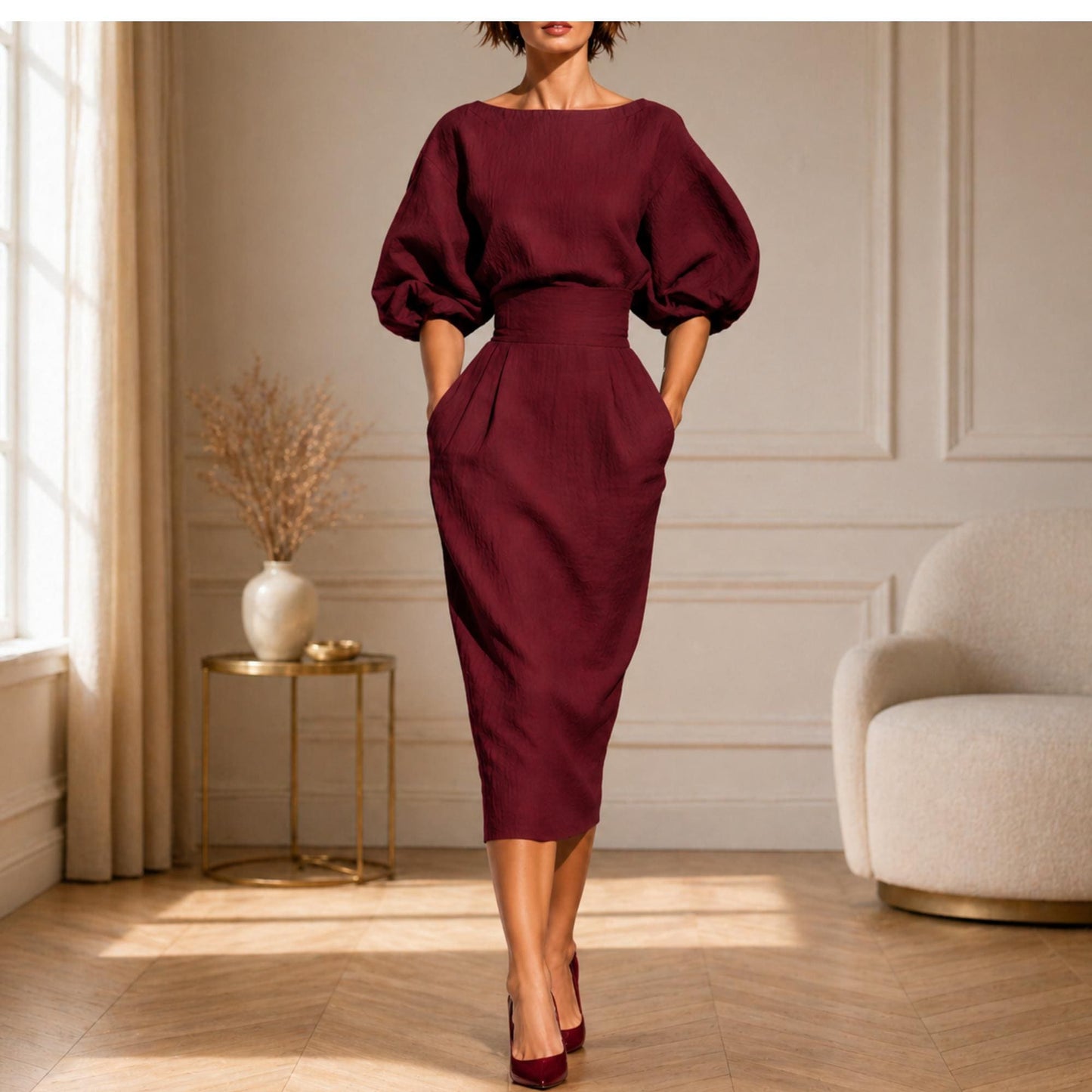 Elegant Puff Sleeve Fitted Midi Dress – Chic Minimal Cocktail & Occasion Wear for Women