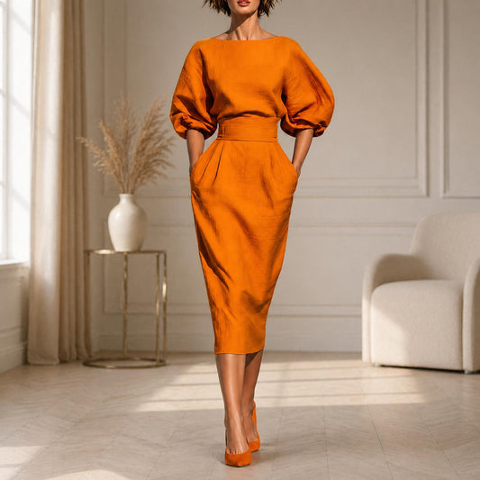 Elegant Puff Sleeve Fitted Midi Dress – Chic Minimal Cocktail & Occasion Wear for Women