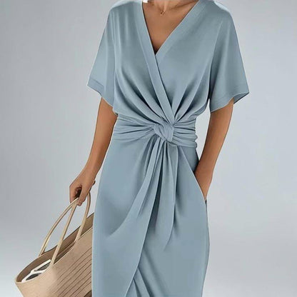 Elegant Women's Midi Dress – Solid Color V-Neck Wrap Style with Slit & Tie Waist