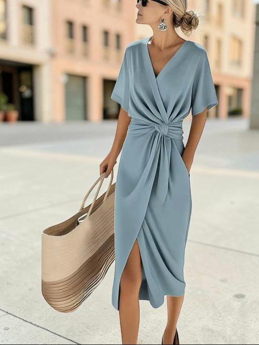 Elegant Women's Midi Dress – Solid Color V-Neck Wrap Style with Slit & Tie Waist