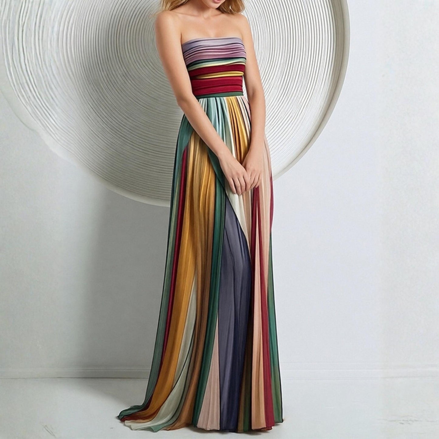 Striped Pleated Tube Maxi Dress