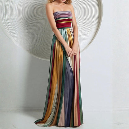 Striped Pleated Tube Maxi Dress
