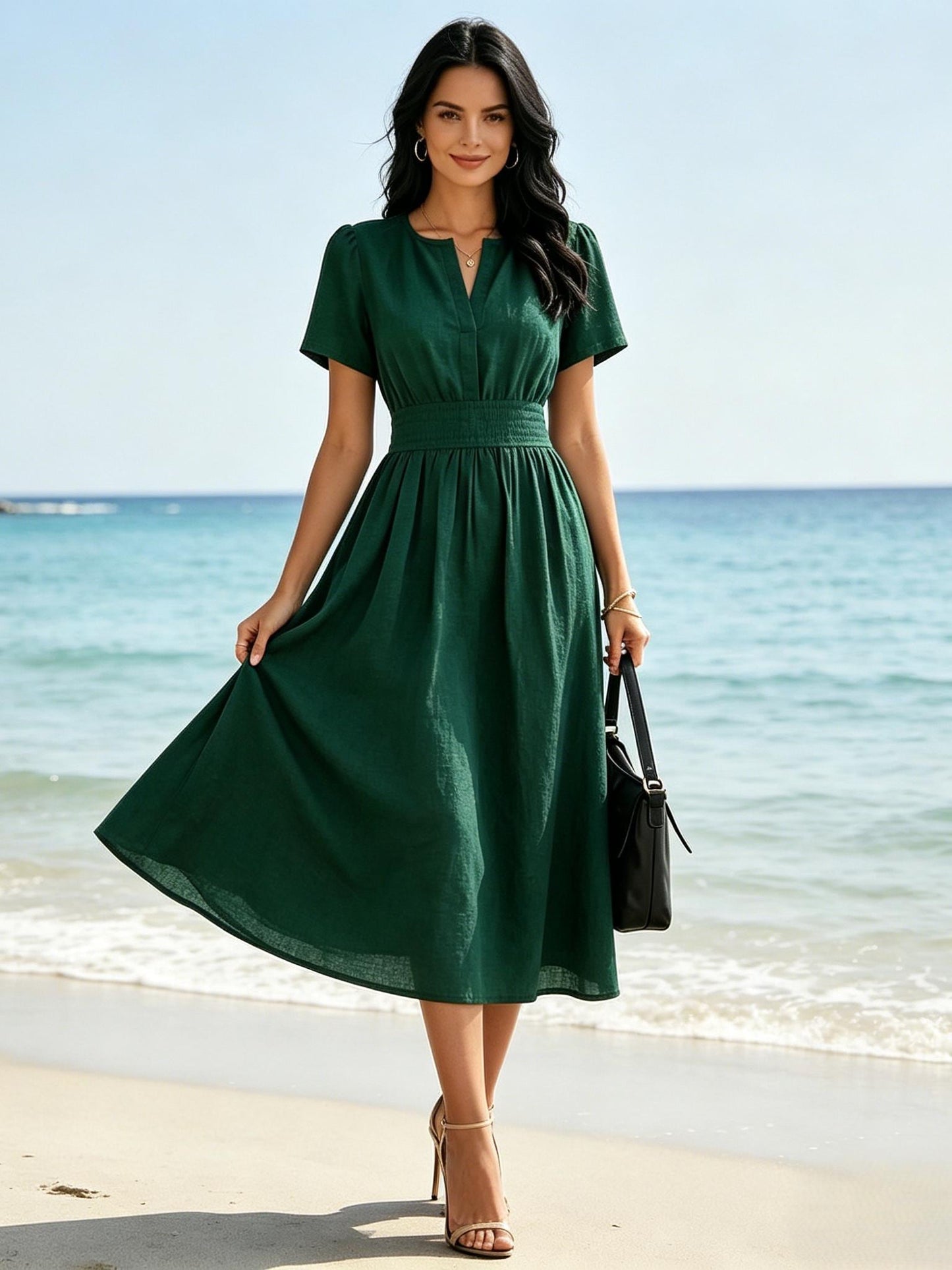 Emerald Green Linen Blend Midi Dress Short Sleeve V Neck Elegant Summer Dress Casual Party Dress With Pockets