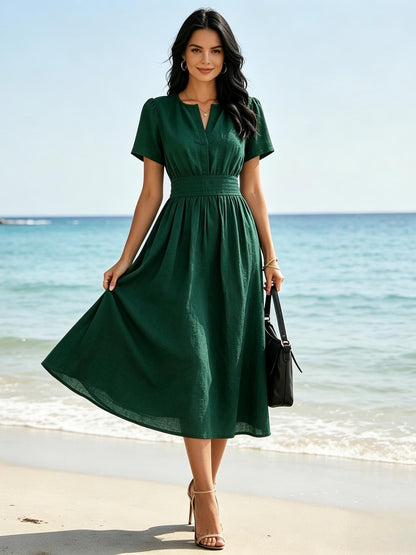 Emerald Green Linen Blend Midi Dress Short Sleeve V Neck Elegant Summer Dress Casual Party Dress With Pockets