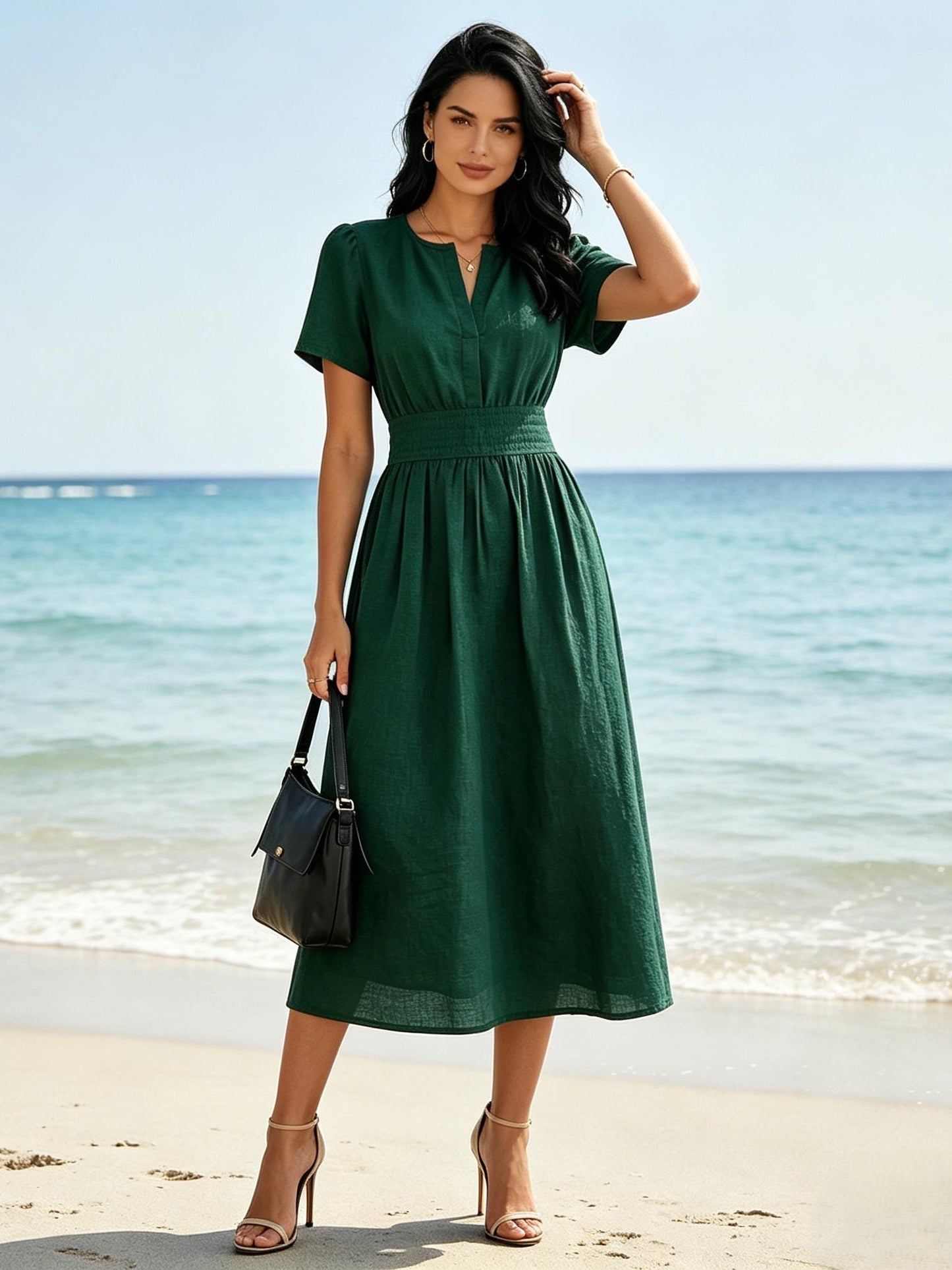 Emerald Green Linen Blend Midi Dress Short Sleeve V Neck Elegant Summer Dress Casual Party Dress With Pockets