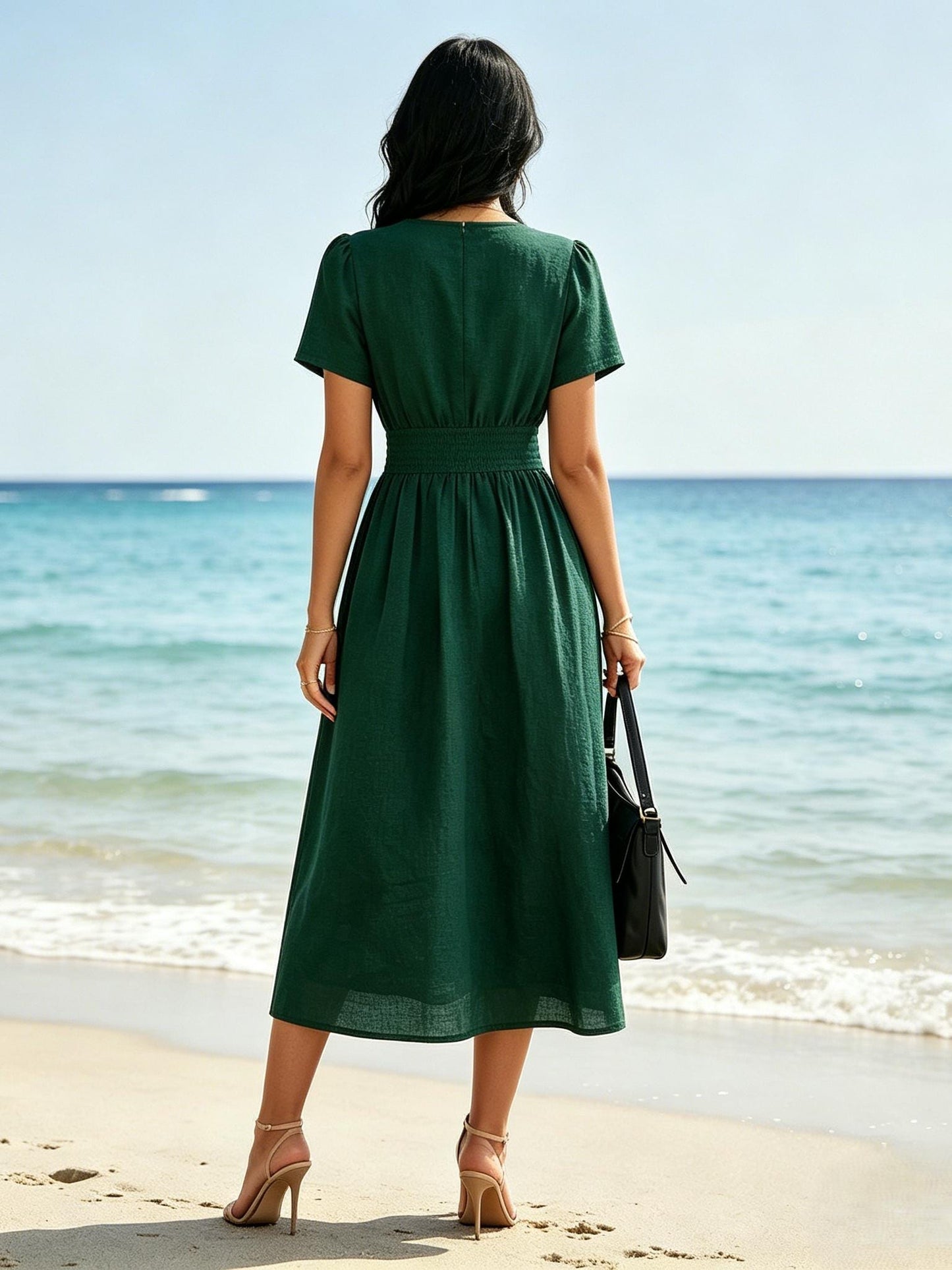 Emerald Green Linen Blend Midi Dress Short Sleeve V Neck Elegant Summer Dress Casual Party Dress With Pockets