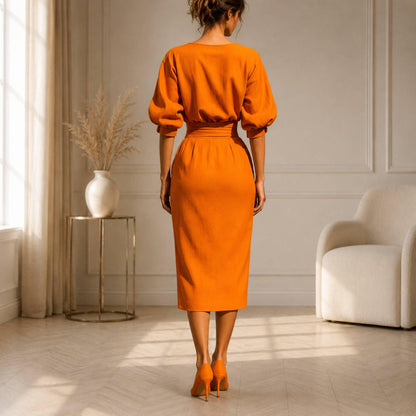 Elegant Puff Sleeve Fitted Midi Dress – Chic Minimal Cocktail & Occasion Wear for Women