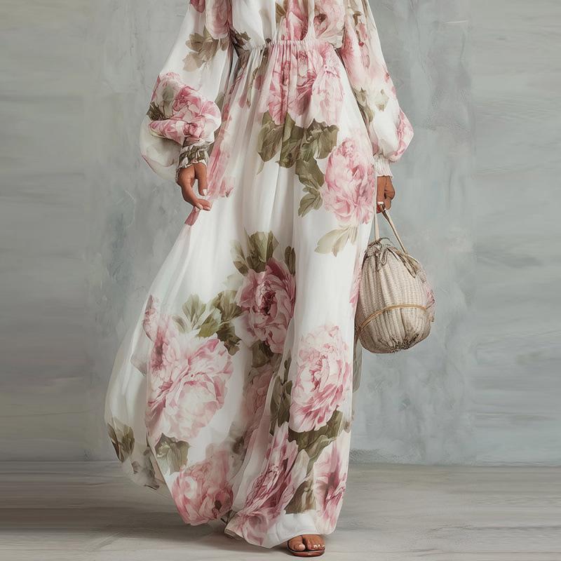 Floral Print Off-the-Shoulder Maxi Dress, Romantic Long Sleeve Flowy Chiffon Dress for Wedding Guest