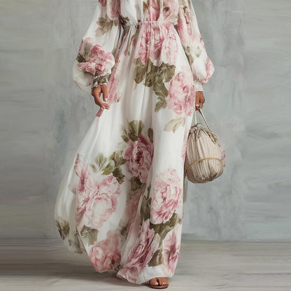 Floral Print Off-the-Shoulder Maxi Dress, Romantic Long Sleeve Flowy Chiffon Dress for Wedding Guest