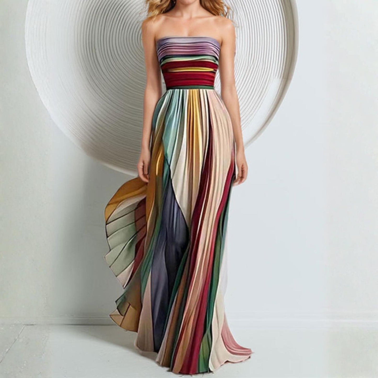 Striped Pleated Tube Maxi Dress