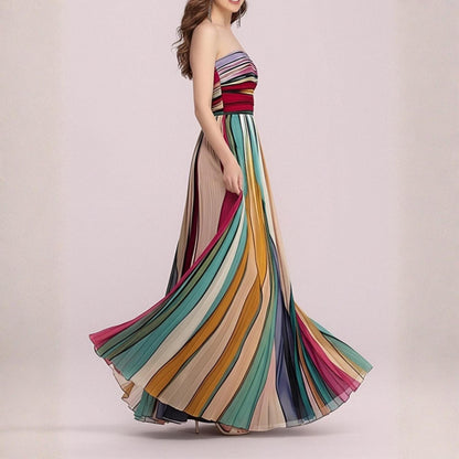 Striped Pleated Tube Maxi Dress