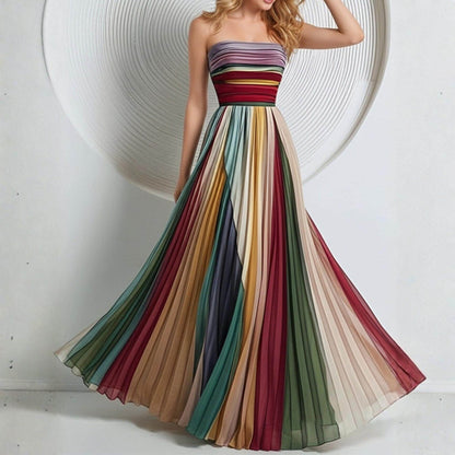 Striped Pleated Tube Maxi Dress