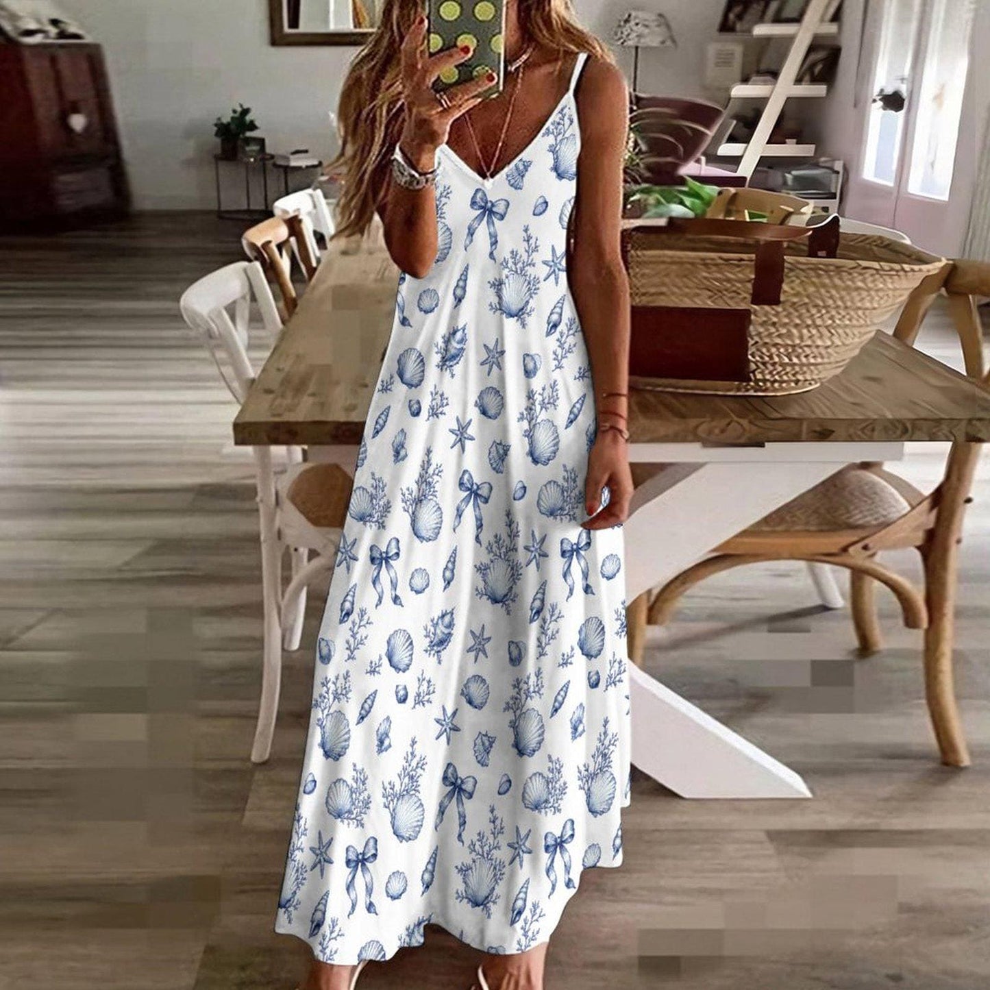 Blue Seashell Maxi Dress, Coastal Beach Vacation Nautical Sundress, Sleeveless Flowy Resort Wear Women