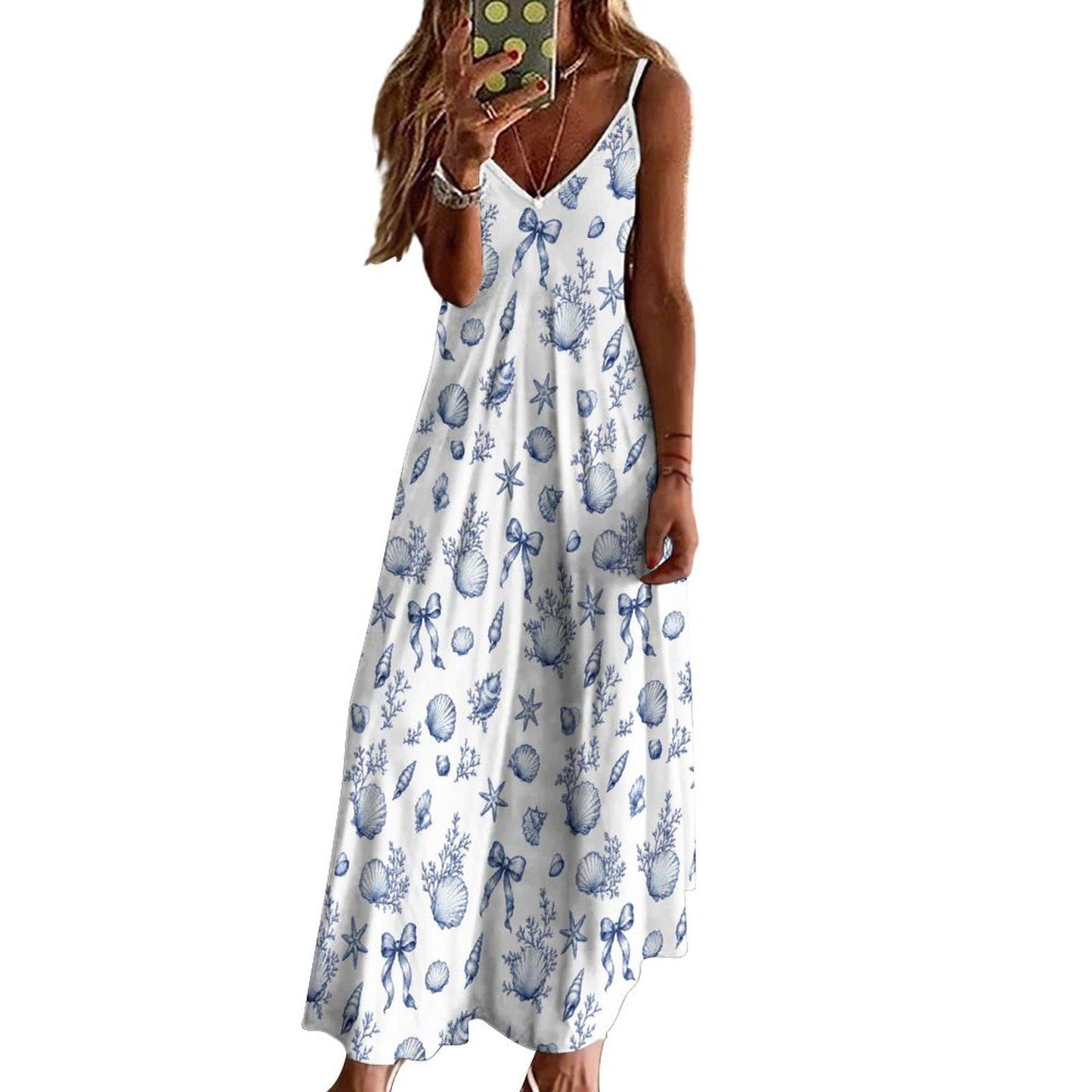 Blue Seashell Maxi Dress, Coastal Beach Vacation Nautical Sundress, Sleeveless Flowy Resort Wear Women