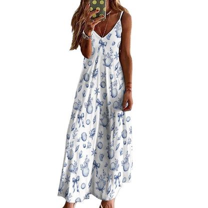 Blue Seashell Maxi Dress, Coastal Beach Vacation Nautical Sundress, Sleeveless Flowy Resort Wear Women