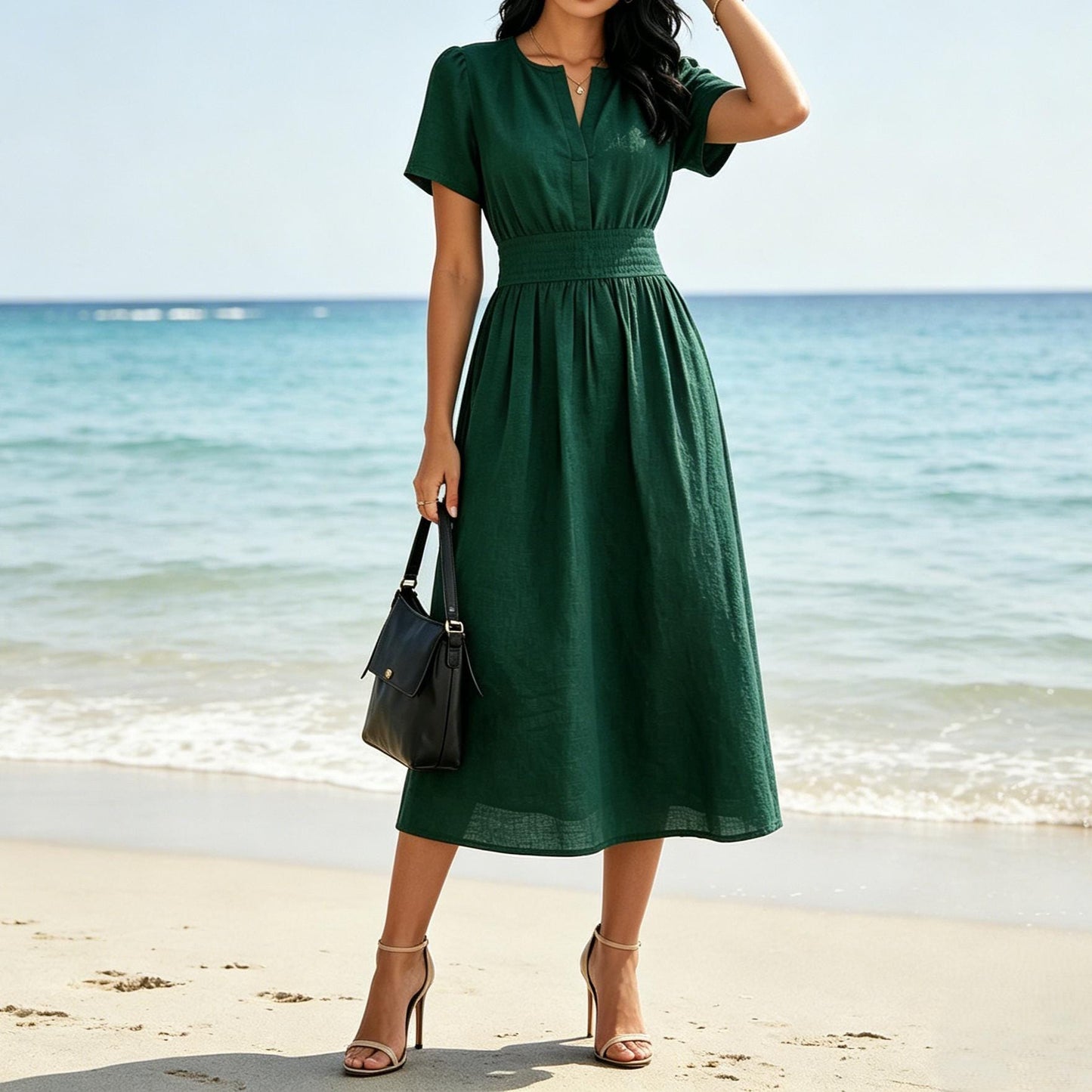 Emerald Green Linen Blend Midi Dress Short Sleeve V Neck Elegant Summer Dress Casual Party Dress With Pockets