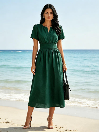 Emerald Green Linen Blend Midi Dress Short Sleeve V Neck Elegant Summer Dress Casual Party Dress With Pockets