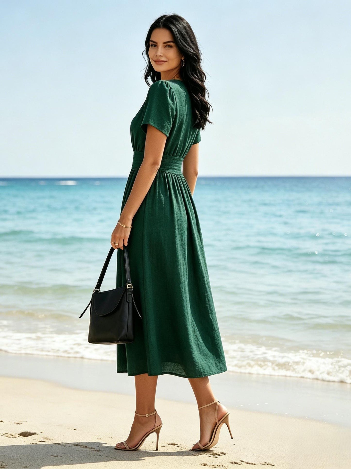 Emerald Green Linen Blend Midi Dress Short Sleeve V Neck Elegant Summer Dress Casual Party Dress With Pockets