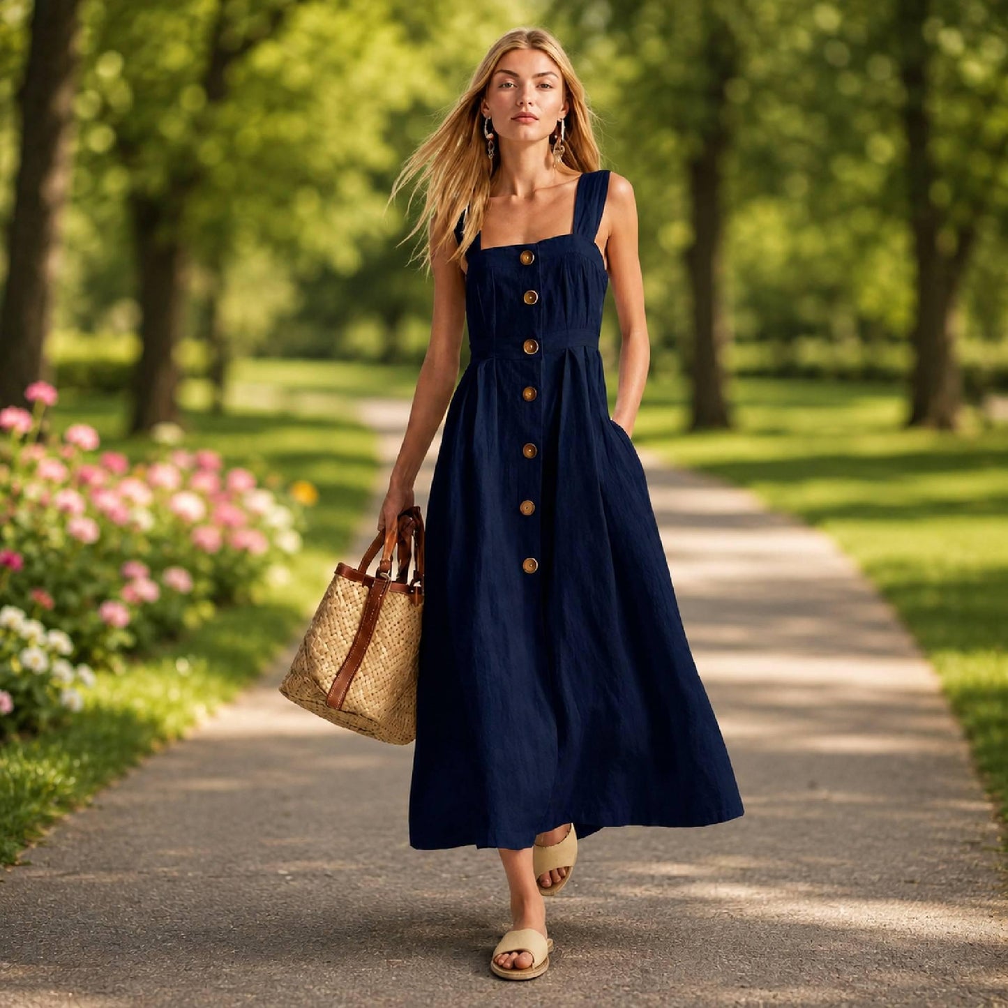 Women Summer Beach Maxi Dress Sleeveless Button Front Casual Vacation Sundress Long Flowy