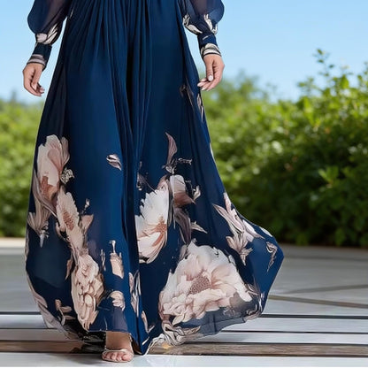 Elegant Floral Print Maxi Dress Women, Long Sleeve V Neck Dress, A Line Summer Maxi Dress, Casual Boho Dress, Flowy Vacation Outfit 2026