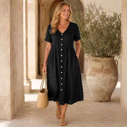 Linen Button-Front Midi Dress, V-Neck Summer Dress for Women, Pocketed Casual A-line with Short Sleeves
