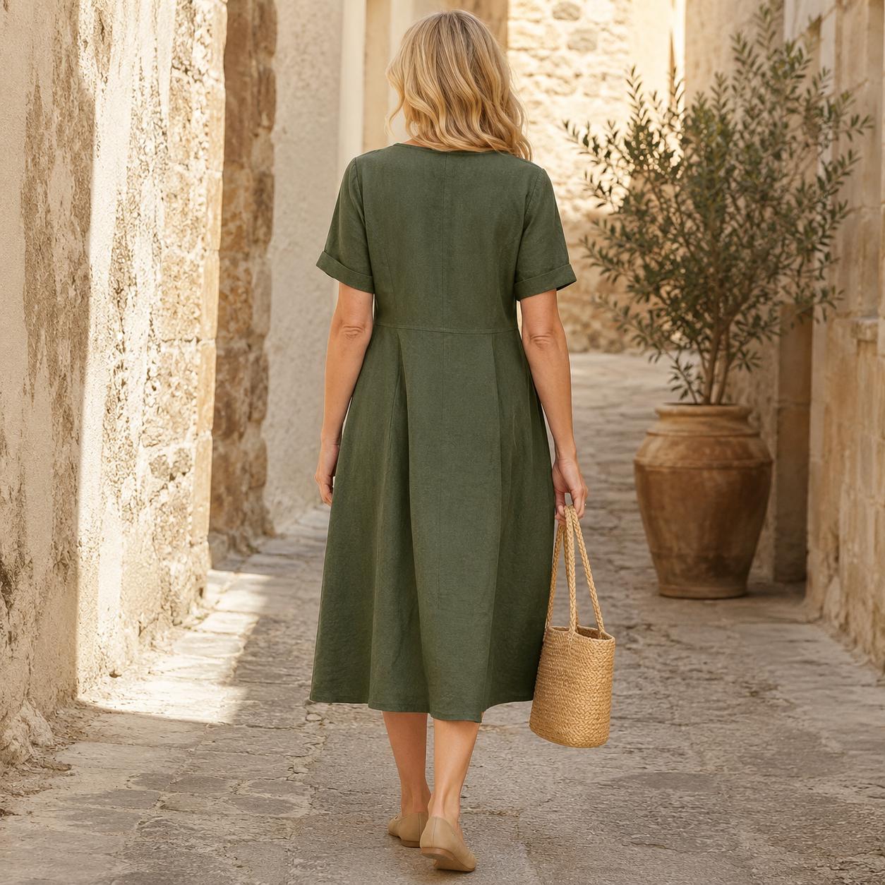 Linen Button-Front Midi Dress, V-Neck Summer Dress for Women, Pocketed Casual A-line with Short Sleeves