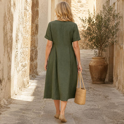 Linen Button-Front Midi Dress, V-Neck Summer Dress for Women, Pocketed Casual A-line with Short Sleeves