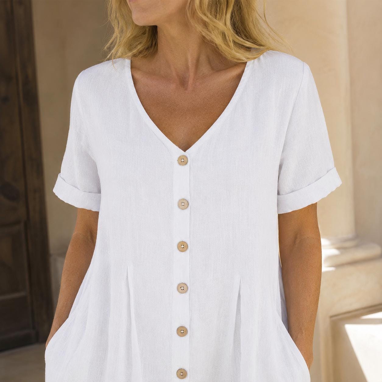 Linen Button-Front Midi Dress, V-Neck Summer Dress for Women, Pocketed Casual A-line with Short Sleeves