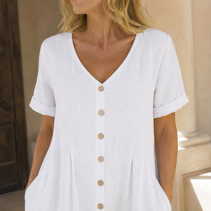 Linen Button-Front Midi Dress, V-Neck Summer Dress for Women, Pocketed Casual A-line with Short Sleeves