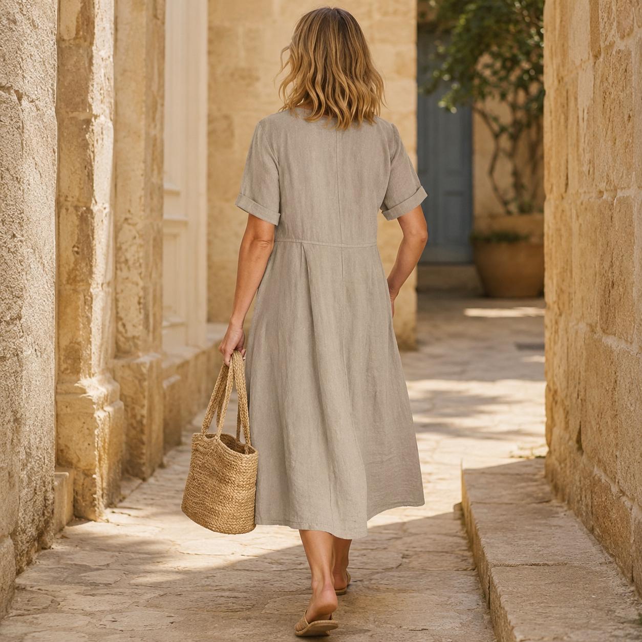 Linen Button-Front Midi Dress, V-Neck Summer Dress for Women, Pocketed Casual A-line with Short Sleeves