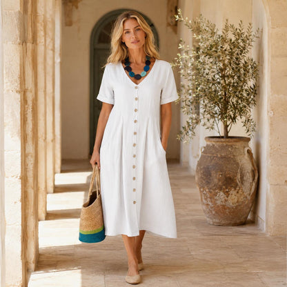 Linen Button-Front Midi Dress, V-Neck Summer Dress for Women, Pocketed Casual A-line with Short Sleeves
