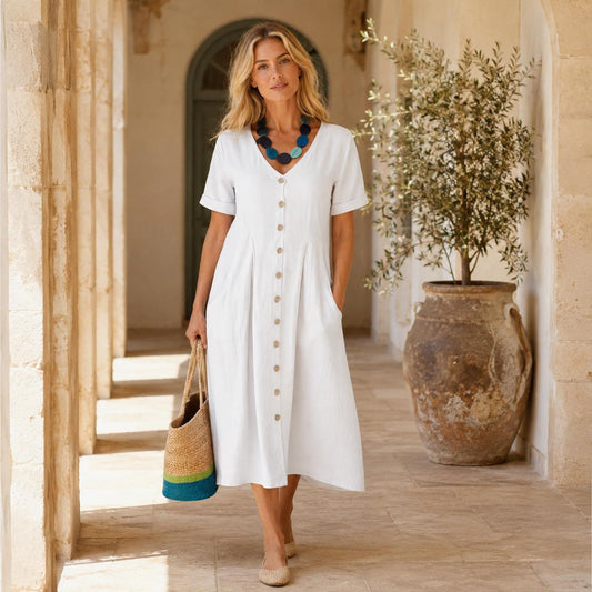 Linen Button-Front Midi Dress, V-Neck Summer Dress for Women, Pocketed Casual A-line with Short Sleeves