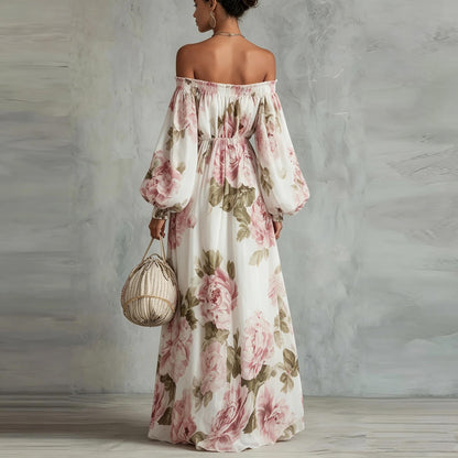Floral Print Off-the-Shoulder Maxi Dress, Romantic Long Sleeve Flowy Chiffon Dress for Wedding Guest