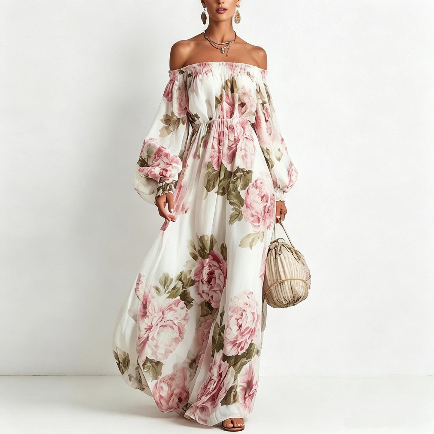 Floral Print Off-the-Shoulder Maxi Dress, Romantic Long Sleeve Flowy Chiffon Dress for Wedding Guest