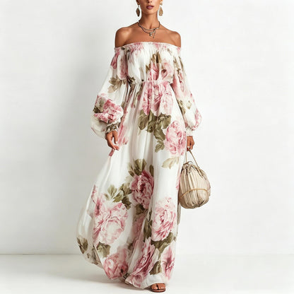 Floral Print Off-the-Shoulder Maxi Dress, Romantic Long Sleeve Flowy Chiffon Dress for Wedding Guest