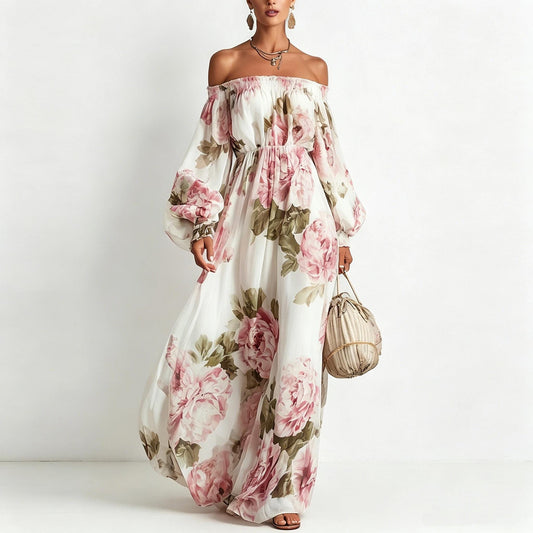 Floral Print Off-the-Shoulder Maxi Dress, Romantic Long Sleeve Flowy Chiffon Dress for Wedding Guest