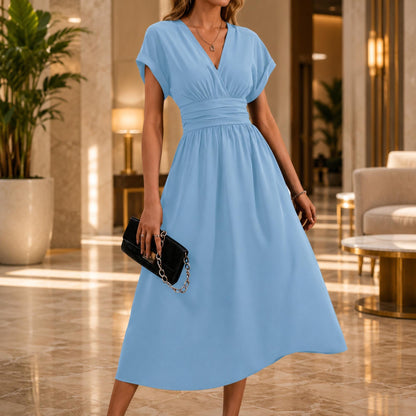 Women's Midi Dress, V Neck Evening Dress, Elegant Flowy Dress, Wedding Guest Outfit