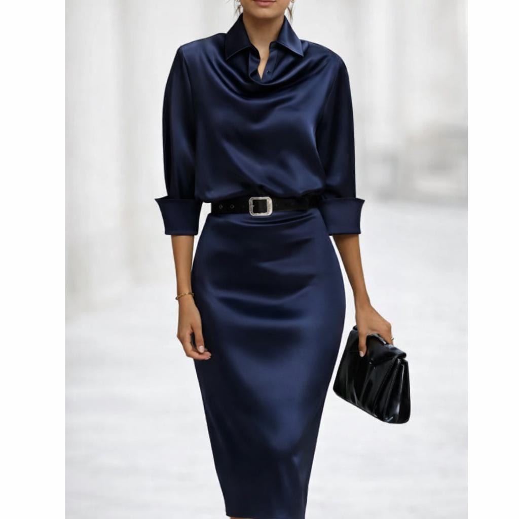 Elegant Satin Shirt Dress, Cowl Neck Midi, Belted Bodycon, Long Sleeve Party Wear