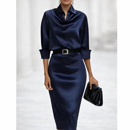 Elegant Satin Shirt Dress, Cowl Neck Midi, Belted Bodycon, Long Sleeve Party Wear