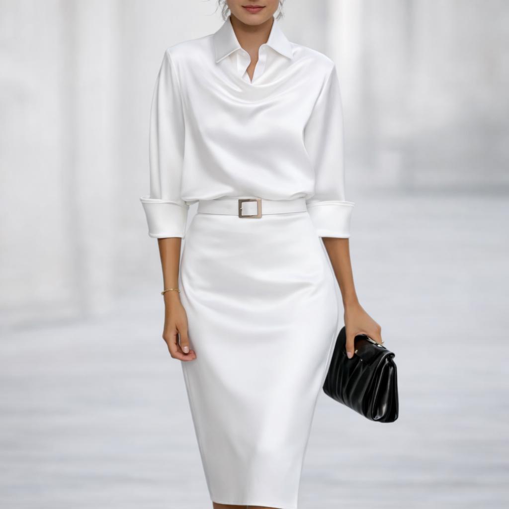 Elegant Satin Shirt Dress, Cowl Neck Midi, Belted Bodycon, Long Sleeve Party Wear