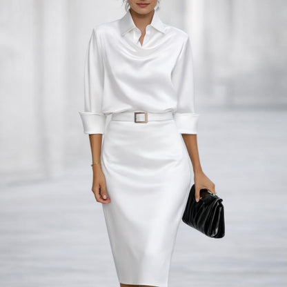 Elegant Satin Shirt Dress, Cowl Neck Midi, Belted Bodycon, Long Sleeve Party Wear