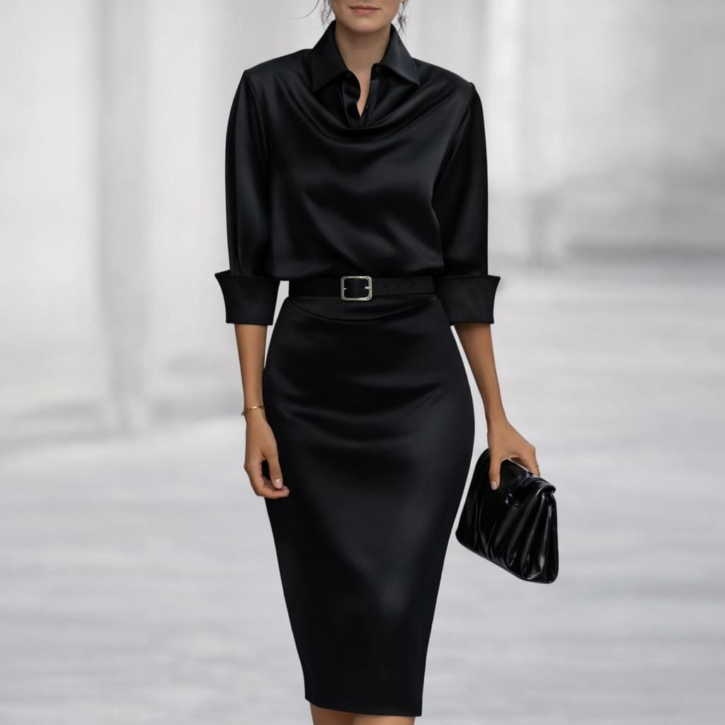 Elegant Satin Shirt Dress, Cowl Neck Midi, Belted Bodycon, Long Sleeve Party Wear