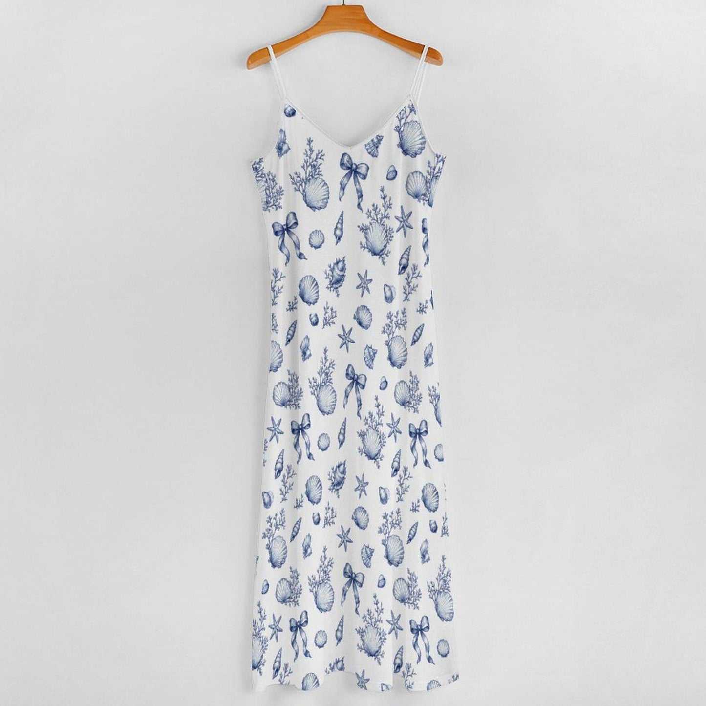Blue Seashell Maxi Dress, Coastal Beach Vacation Nautical Sundress, Sleeveless Flowy Resort Wear Women
