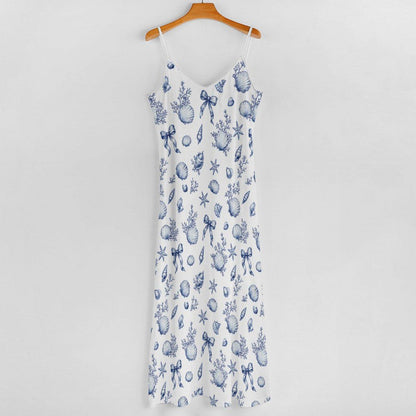 Blue Seashell Maxi Dress, Coastal Beach Vacation Nautical Sundress, Sleeveless Flowy Resort Wear Women