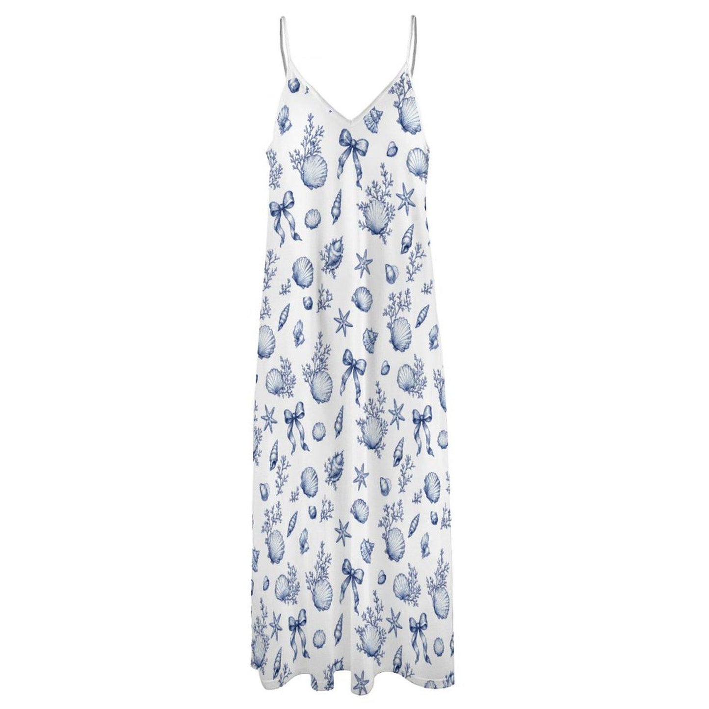 Blue Seashell Maxi Dress, Coastal Beach Vacation Nautical Sundress, Sleeveless Flowy Resort Wear Women