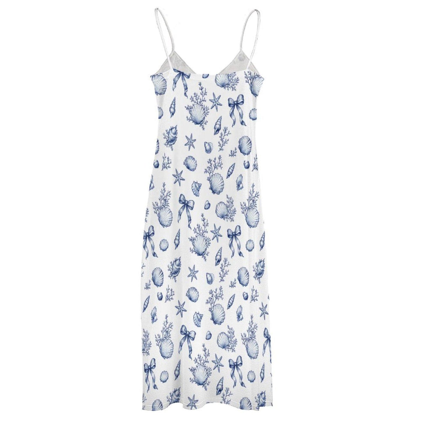 Blue Seashell Maxi Dress, Coastal Beach Vacation Nautical Sundress, Sleeveless Flowy Resort Wear Women