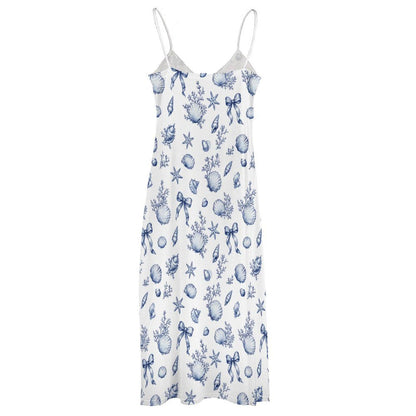 Blue Seashell Maxi Dress, Coastal Beach Vacation Nautical Sundress, Sleeveless Flowy Resort Wear Women