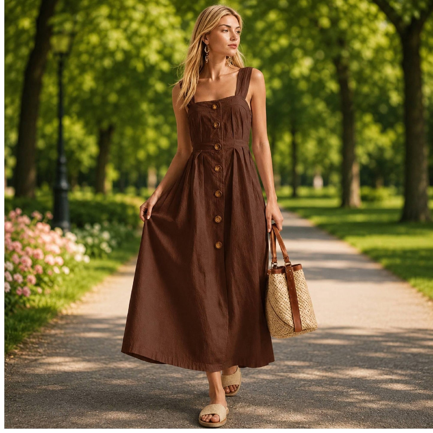 Women Summer Beach Maxi Dress Sleeveless Button Front Casual Vacation Sundress Long Flowy