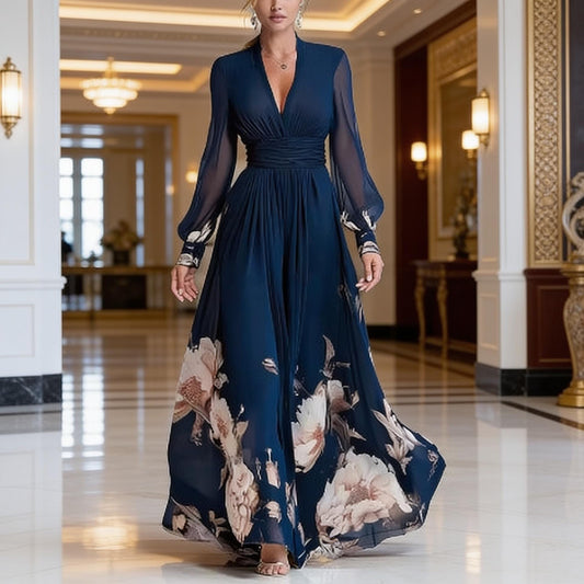 Elegant Floral Print Maxi Dress Women, Long Sleeve V Neck Dress, A Line Summer Maxi Dress, Casual Boho Dress, Flowy Vacation Outfit 2026